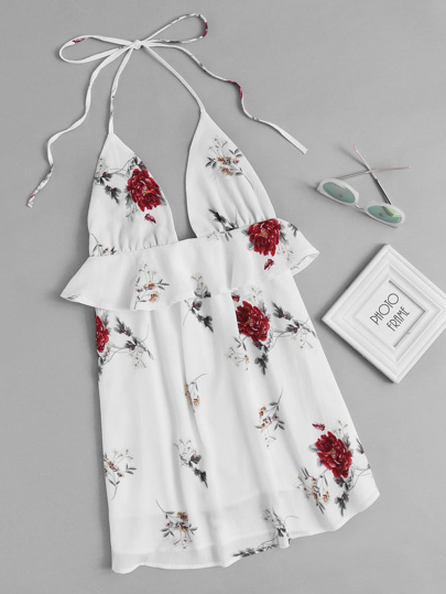 Robe avec garniture ruché imprimé fleur random ras de cou