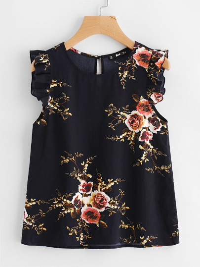 Frilled Armhole Button Closure Back Shell Top