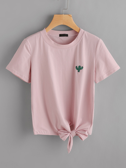T-shirt mit Kaktusstickereien und Knoten Seite