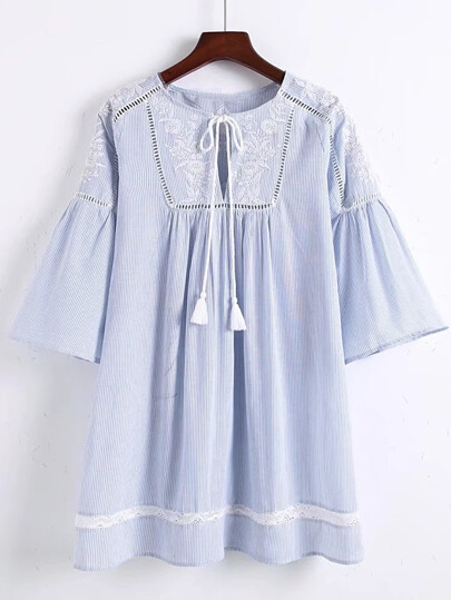 Bell Sleeve Crochet Insert Tassel Tie Dress