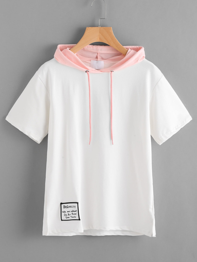 Contrast Hooded Patch Slit Side Tshirt