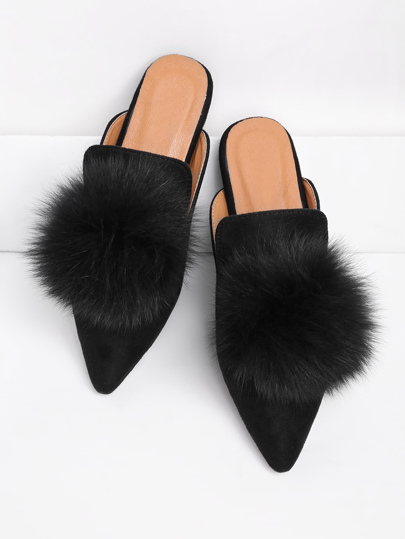 Pom Pom Pointed Toe Flat Mules