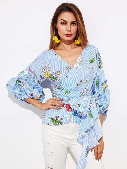 Gathered Sleeve Mixed Print Surplice Wrap Top