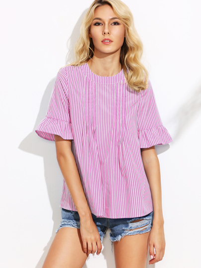 Bluse mit Streifen, Falten auf den Ärmeln und Knöpfen hinten
