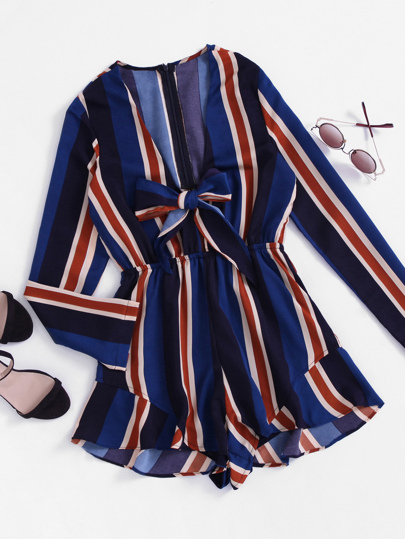 Plunging V-neckline Striped Bow Tie Front Frill Romper