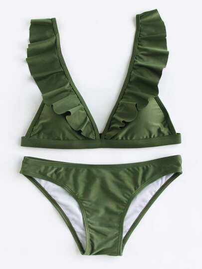 Ruffle Trim Plunge Neckline Bikini Set