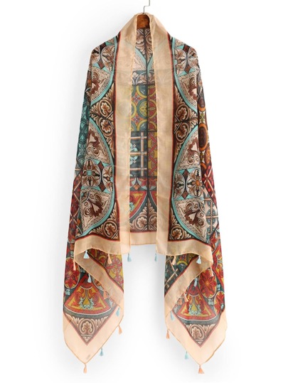 Mixed Print Tassel Trim Scarf