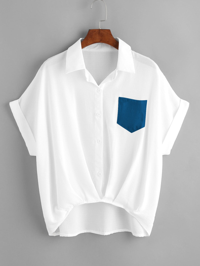 Patch Pocket Dip Hem Cuffed Blouse