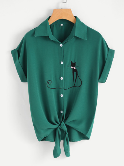 Bluse mit Katze Stickereien, gerollten Ärmeln und Knoten