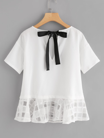 Bow Back Checkered Mesh Trim Top