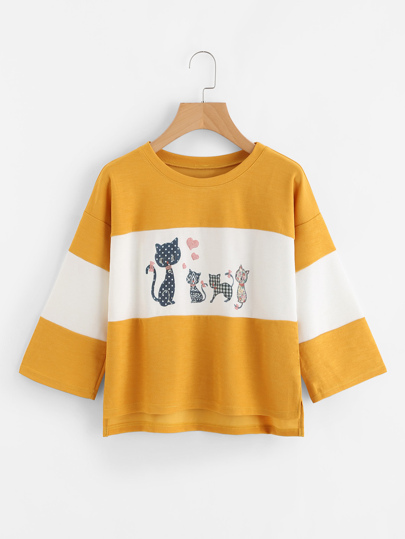 Camiseta irregular con abertura lateral con estampado de gatos