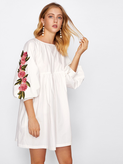 Embroidered Applique Lantern Sleeve Smock Dress