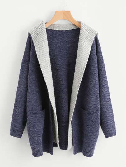 Sweater manteau ouvert avant contrasté à capuche avec des poches