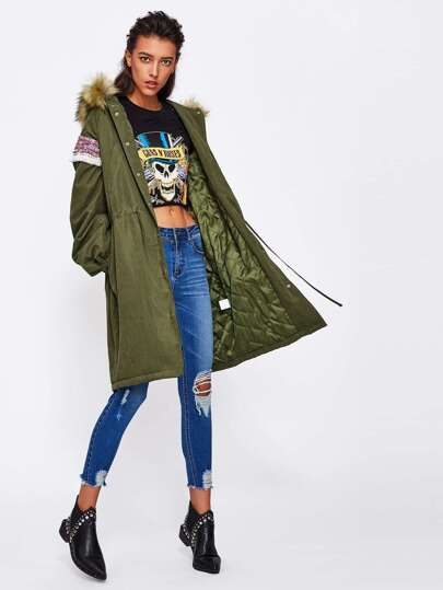 Veste Parka brodé encapuchonné avec fourrure fausse