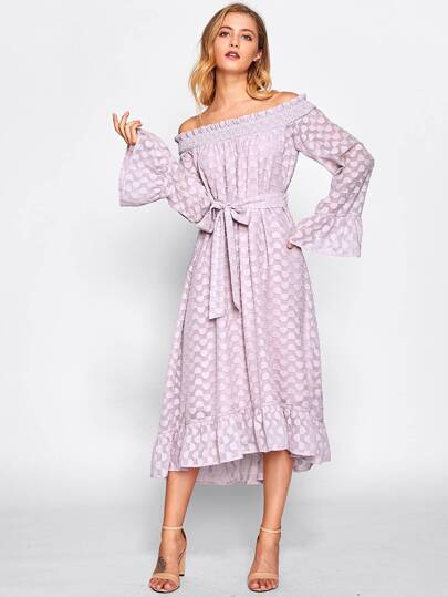 Bell Sleeve Ruffle Dip Hem Bardot Dress