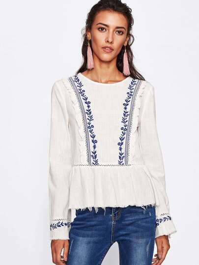 Lace Insert Frill Trim Raw Hem Embroidered Top
