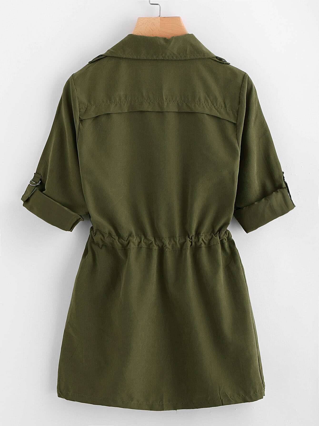Rolled Sleeve Drawstring Waist Trench Coat