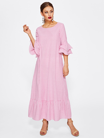 Layered Bell Sleeve Striped Ruffle Hem Dress