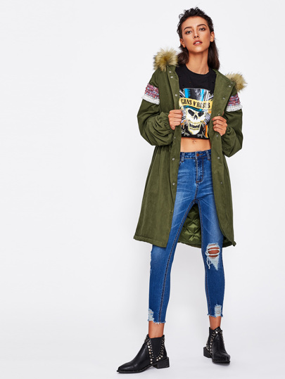 Faux Fur Hoodie Embroidered Tape Detail Parka Coat