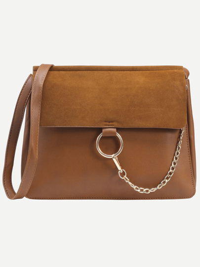 Brown Ring Chain Accent Faux Suede Flap Bag