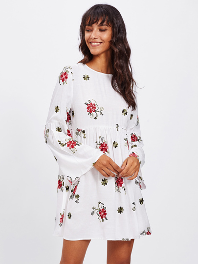 Trumpet Sleeve Botanical Embroidered Smock Dress