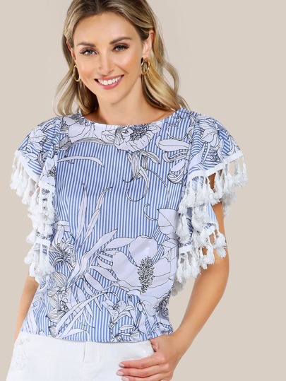 Tassel Trim Striped Printed Random Top