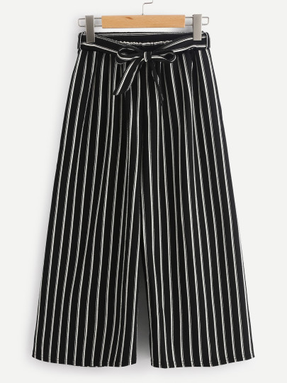 Vertical Stripe Self Tie Wide Leg Pants