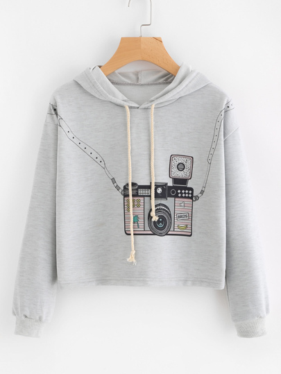 Hooded Drawstring Graphic Print Sweatshirt