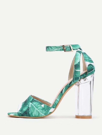 Leaf Print Clear Heeled Sandals