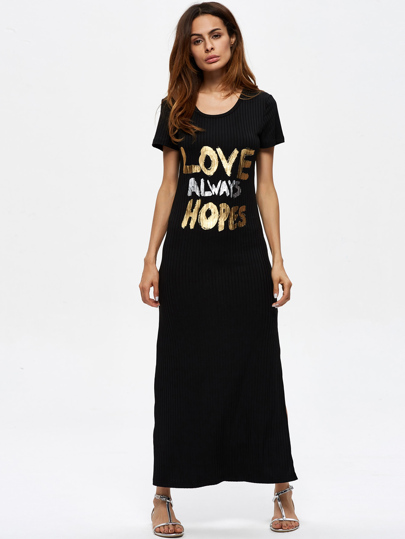 Letter Print Slit Side Ribbed Dress