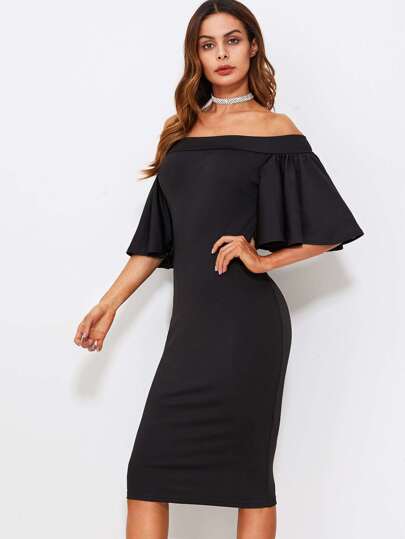 Flutter Sleeve Off Shoulder Split Back Dress