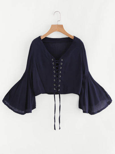 V Neckline Bell Sleeve Eyelet Lace Up Top
