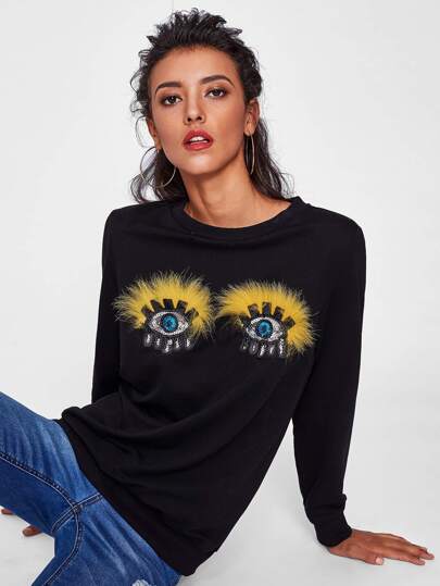 Faux Fur Sequined Eye Patch sweatshirt