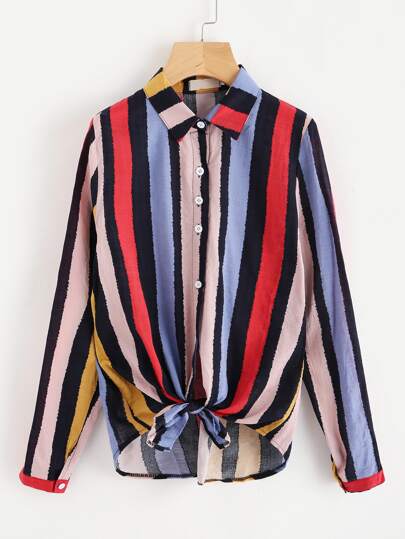 Multi Stripe Knotted Hem Shirt
