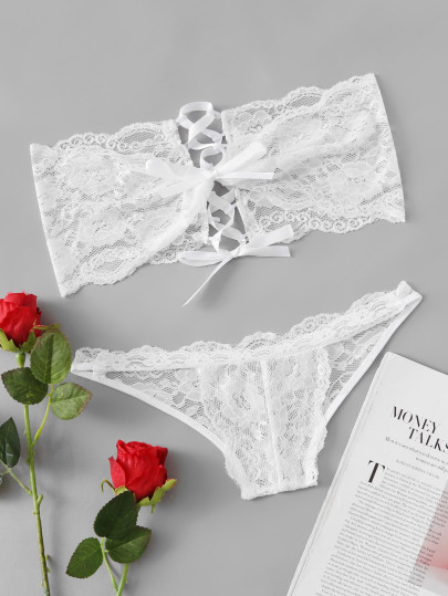 Lace Up Back Bow Tie Front Lace Lingerie Set