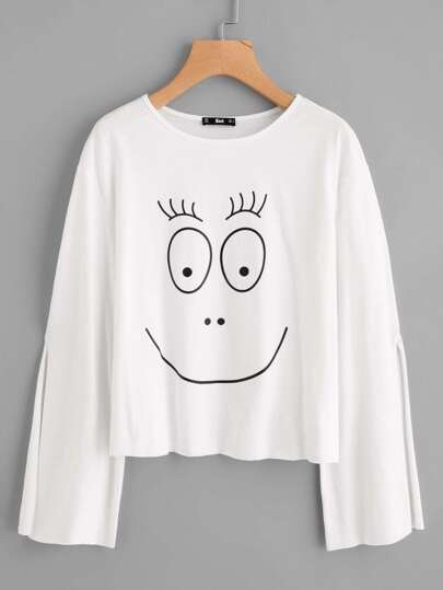 Cartoon Print Slit Sleeve Tee