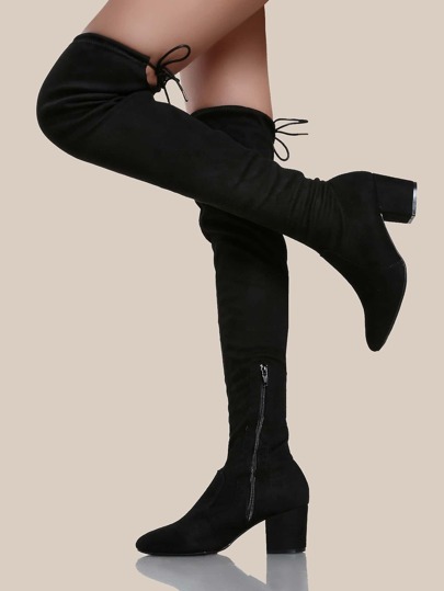 Drawstring Knit Chunky Heel Boots BLACK