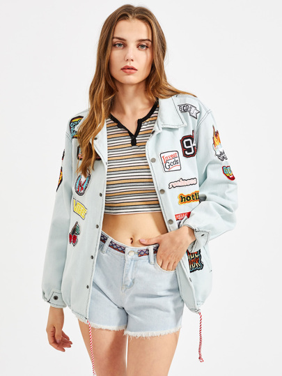 Bleichen Jeans Jacke mit Kordelzug und Abzeichen