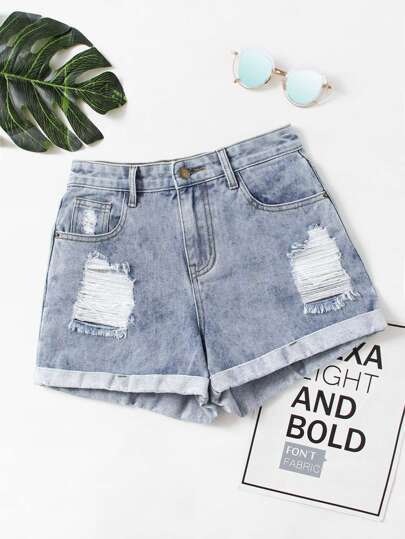 Faded Wash Cuffed Denim Shorts