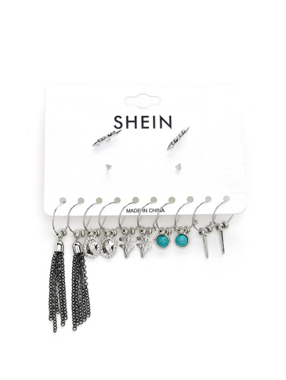 Chain Tassel & Turquoise Decorated Earring Set