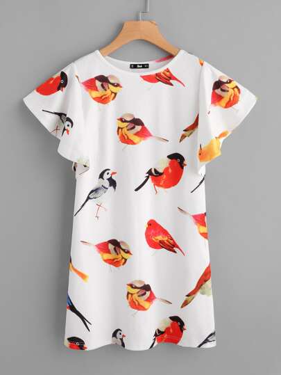 Allover Birds Print Flutter Sleeve Dress