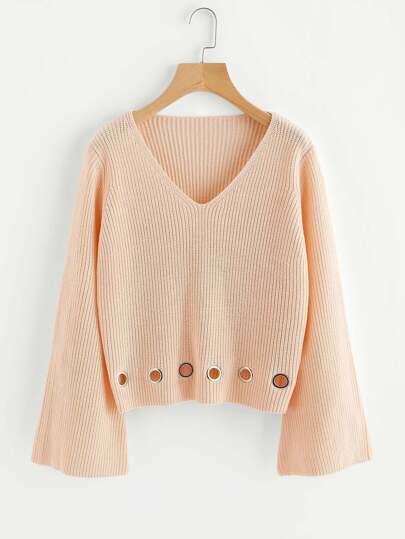 Grommet Detail Fluted Sleeve Jumper