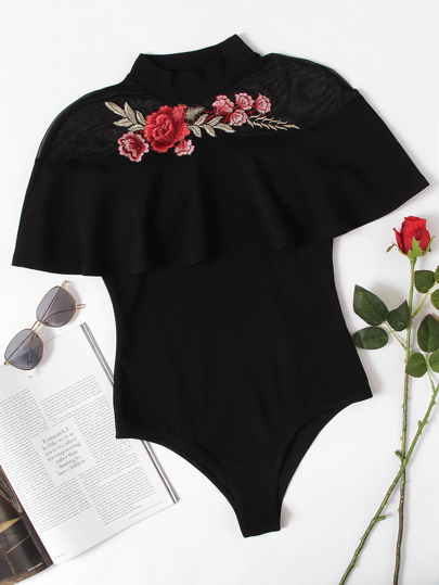 Flower Patch Mesh Neck Flounce Bodysuit