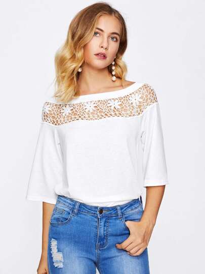 Hollow Out Crochet Panel Tee