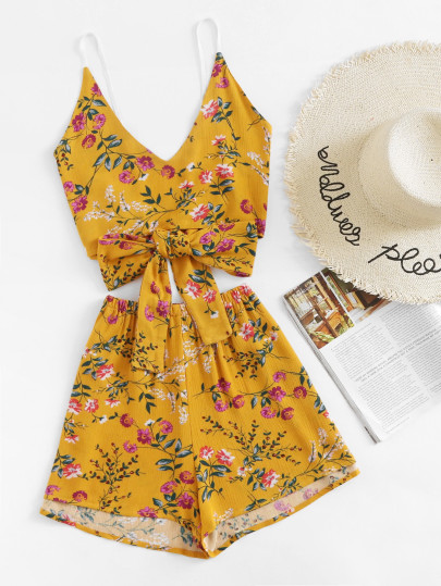 Top camisole con stampa botanica , con pantaloni
