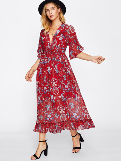 Kleid mit teifem V-Ausschnitt, Pflanzenmuster und Falten