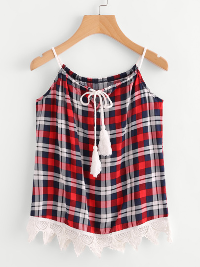 Contrast Lace Hem Plaid Tassel Tie Cami Top