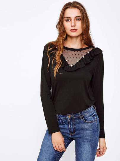 Frill Trim Beaded Dot Mesh Neck Tee