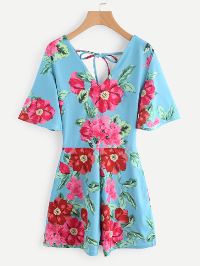 Double V Neckline Tie Back Florals Romper