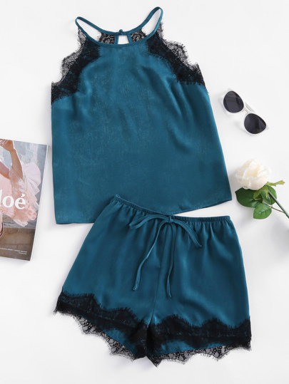 Conjunto de pijama halter con abertura y ribete de encaje